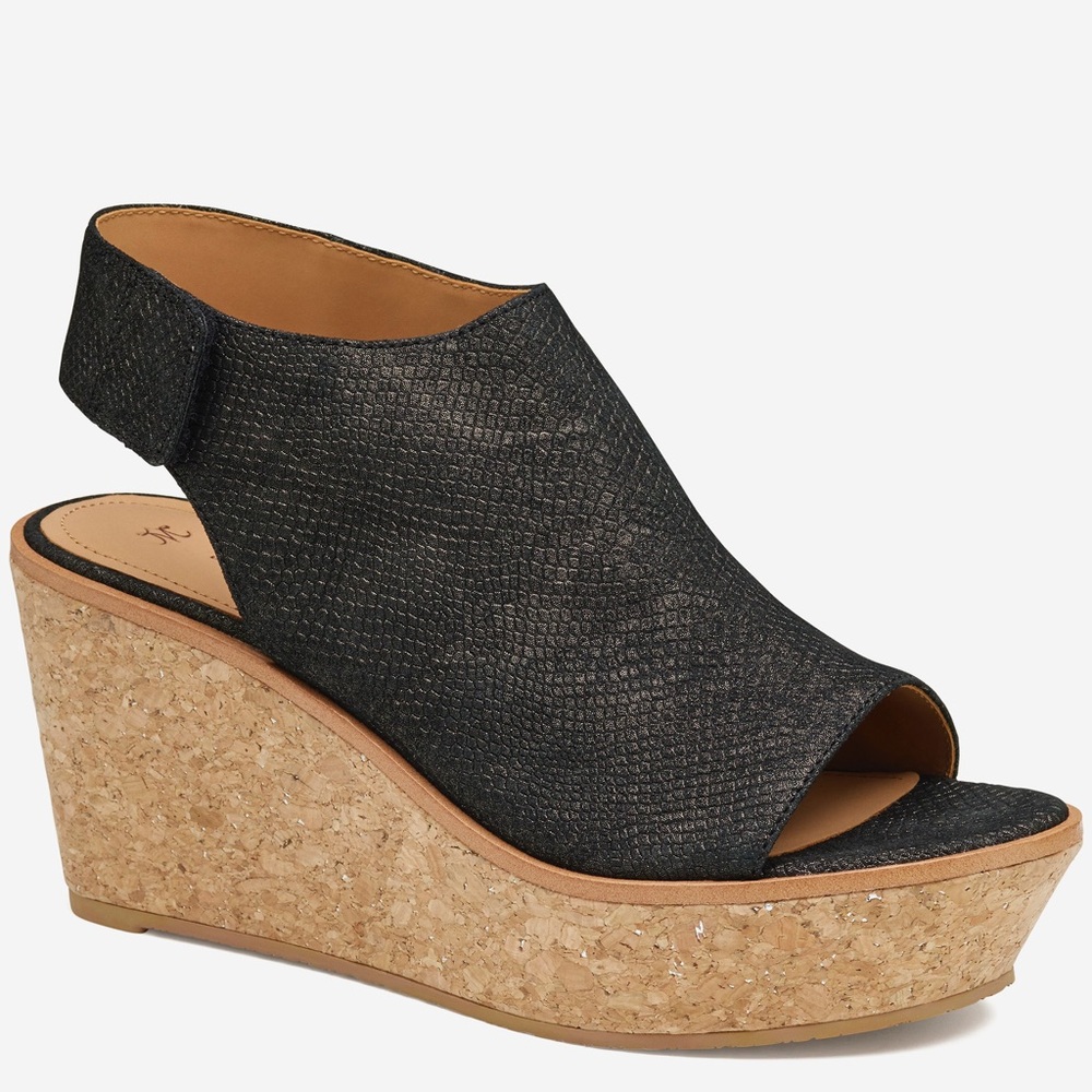 Johnston & Murphy Jade Ankle Strap Wedge Black Metallic Snake Sandal Women’s 10